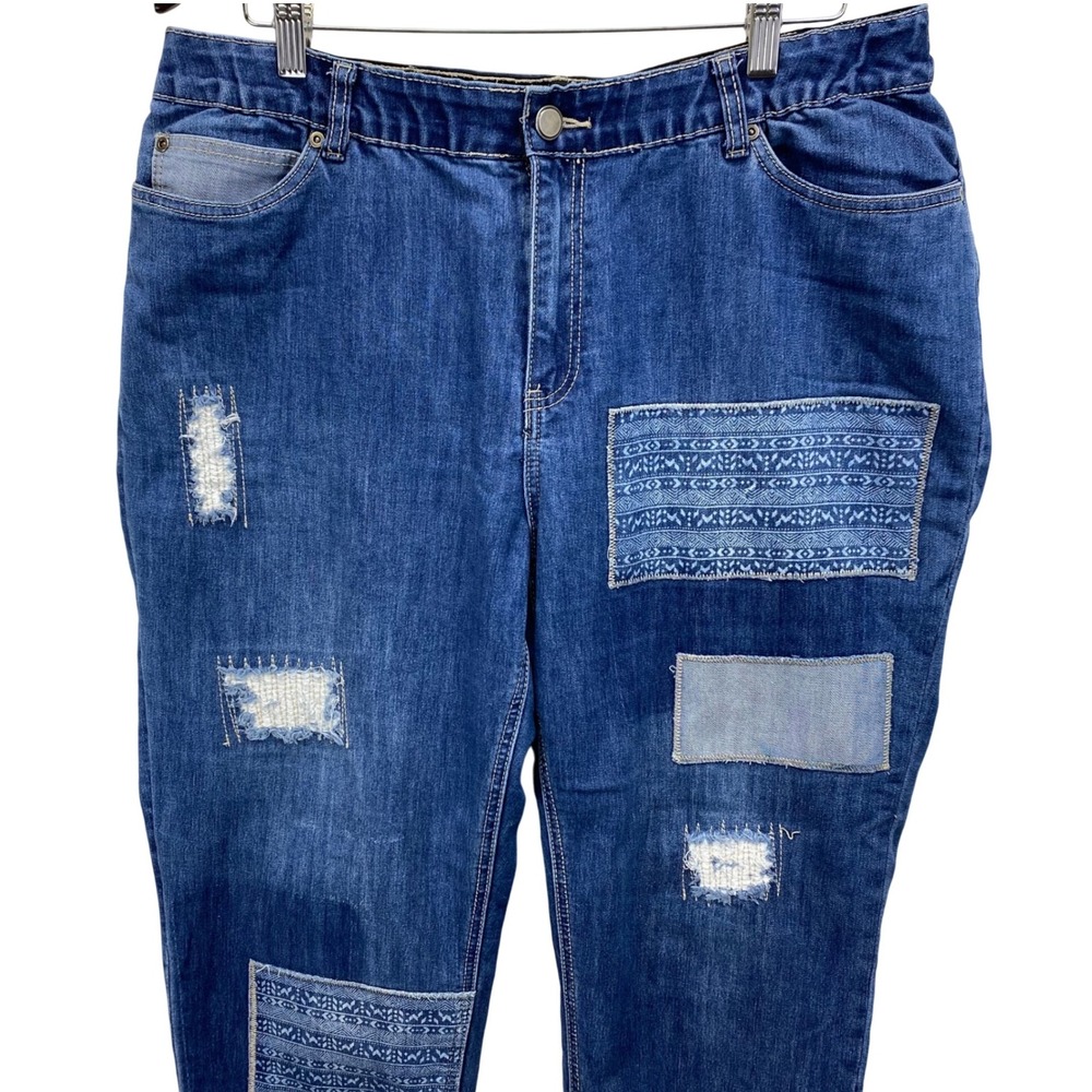 Catherines Womens Jeans 18W Blue Denim Patchwork Frayed Hem Cropped Stretch